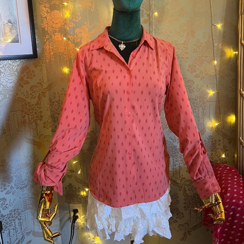 ORVIS Orange & Pink Damask Boho Button Down